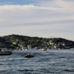 A picturesque view of boats navigating the Bosphorus Strait in Beşiktaş, Istanbul, with a backdrop of lush hills and cityscape.